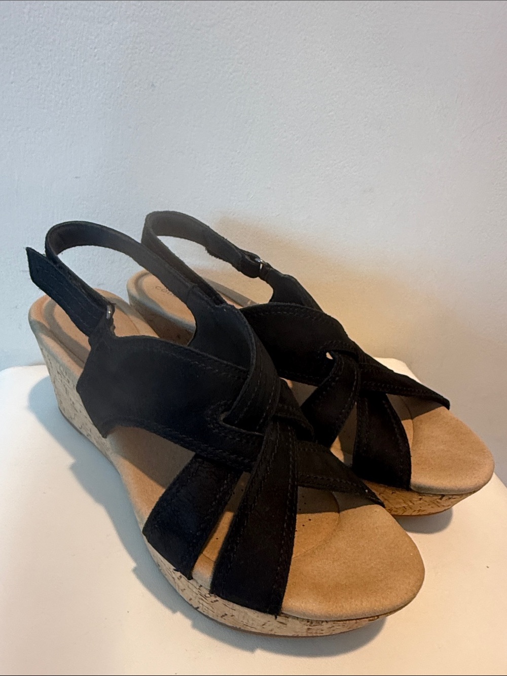 Clarks Black Suede Cork Wedge Sandals